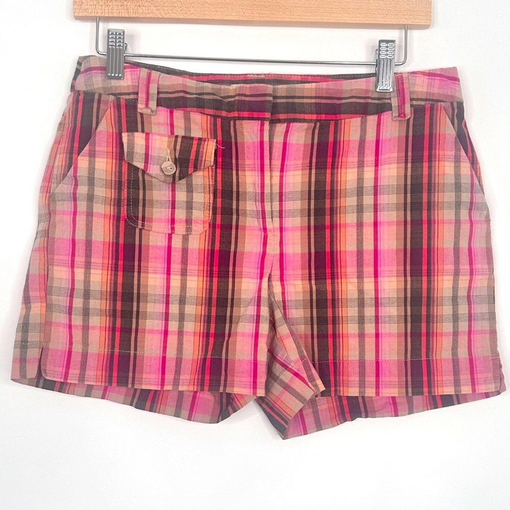Bamboo Traders Pink Orange Plaid Shorts Womens 8P Square Pocket G3088 2C25172